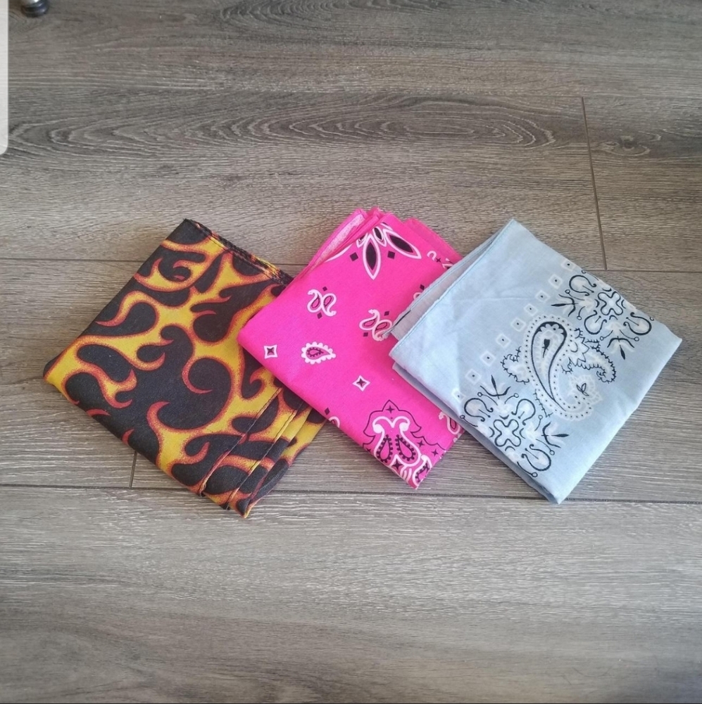 Set of Three Bandanas - Flame, Pink, and Baby Blue. Like New.